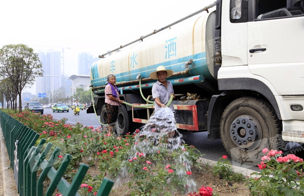 園林工人正在給綠化帶澆水